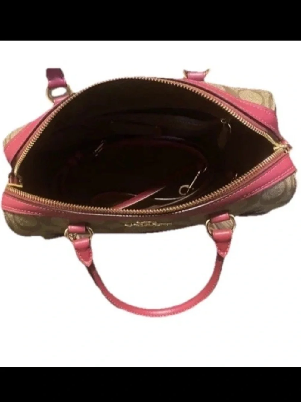 Coach Khaki & Dark Fuchsia Pink Rowan Signature Canvas Satchel Crossbody Handbag